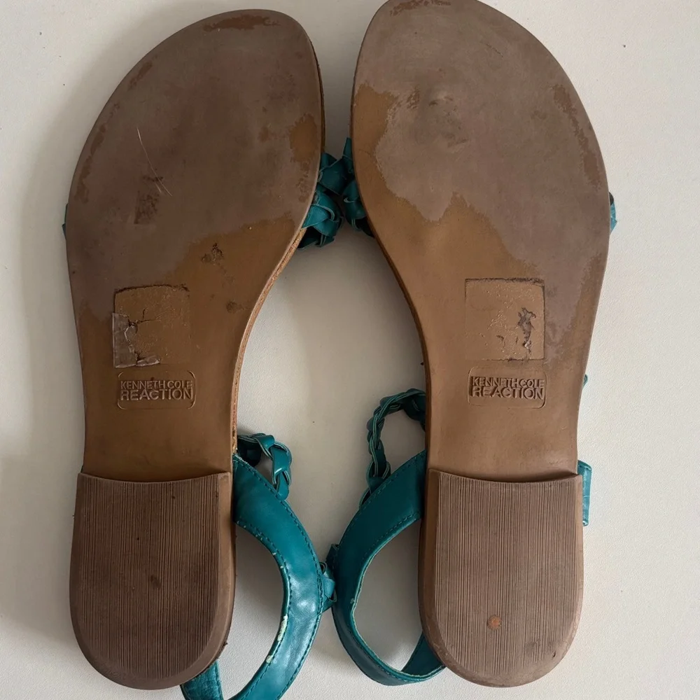 Kenneth Cole Reaction Teal Braided Strappy Sandals Flat | Ankle Strap Buckle